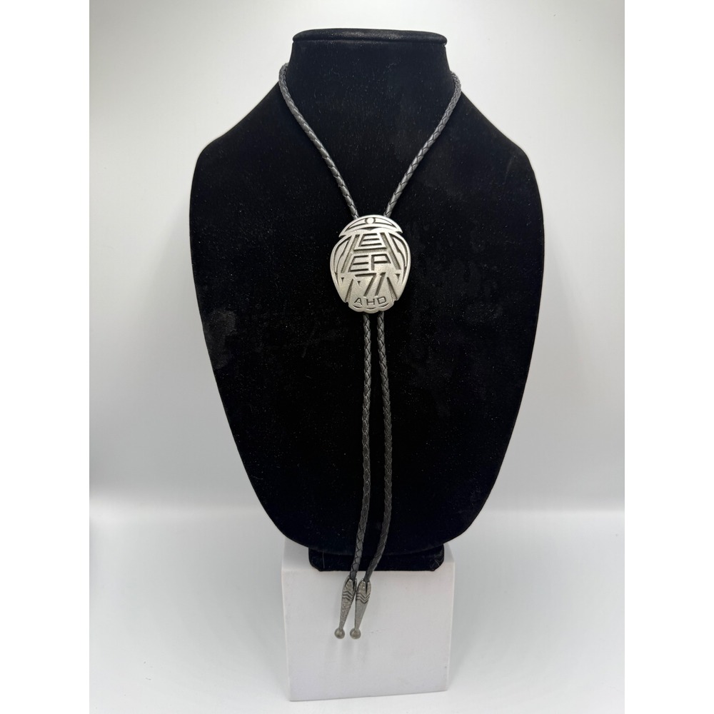 Vintage AHD Geometric Abstract Bolo Tie Black Braided Cord Pewter Tone Western